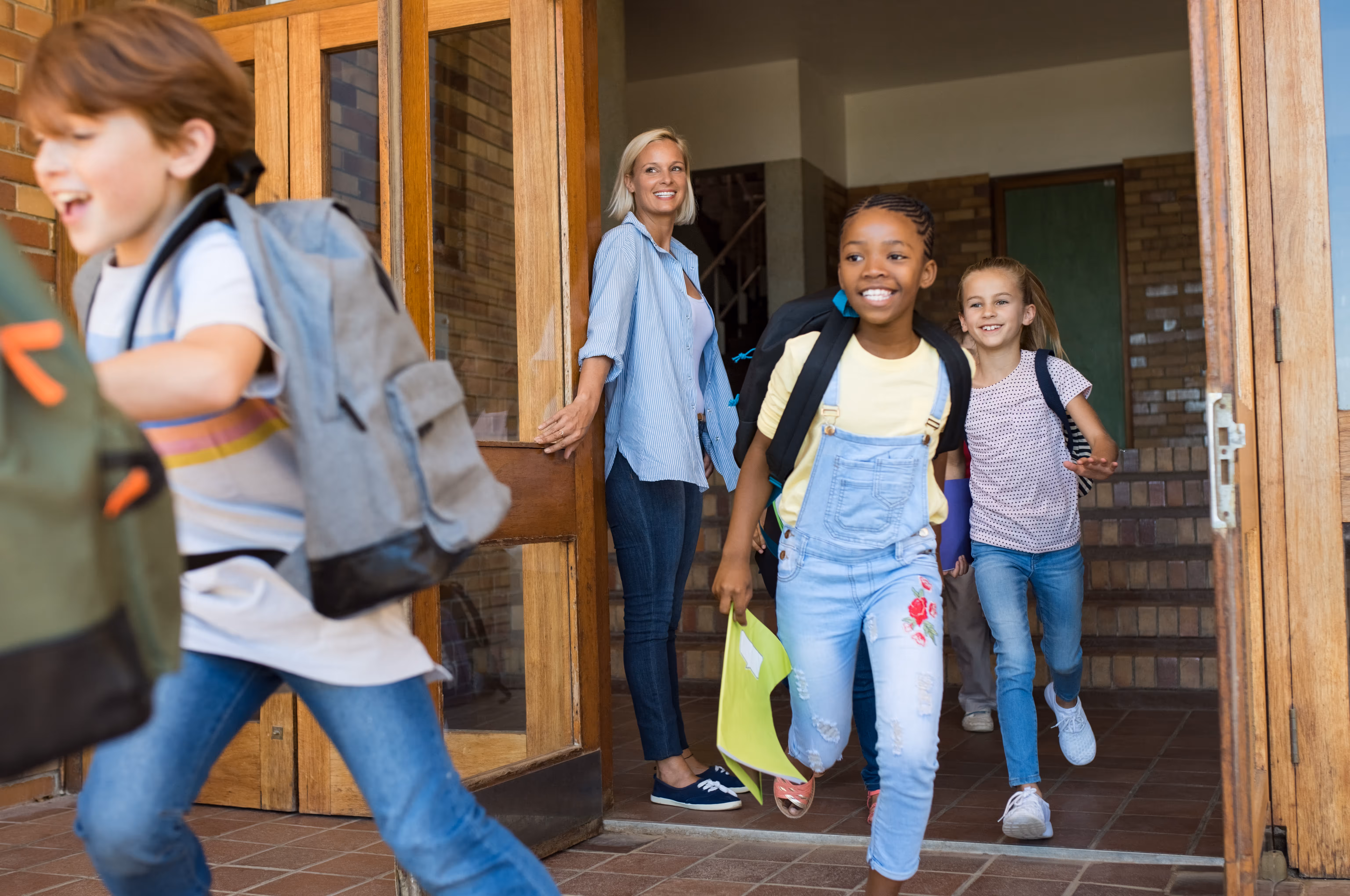 Students leaving a school classroom